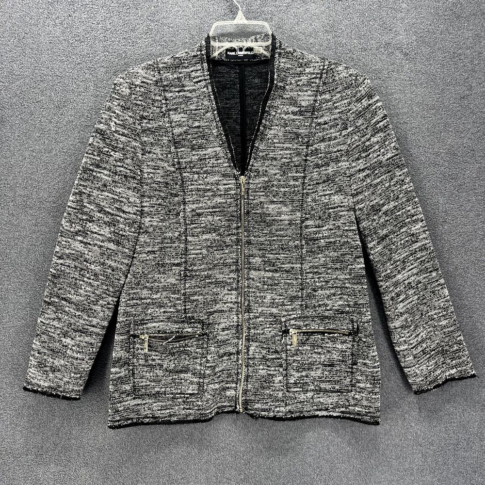 Karl Lagerfeld Jacket Womens XL Tweed Full Zip Blazer Raw‎ Hem Black White